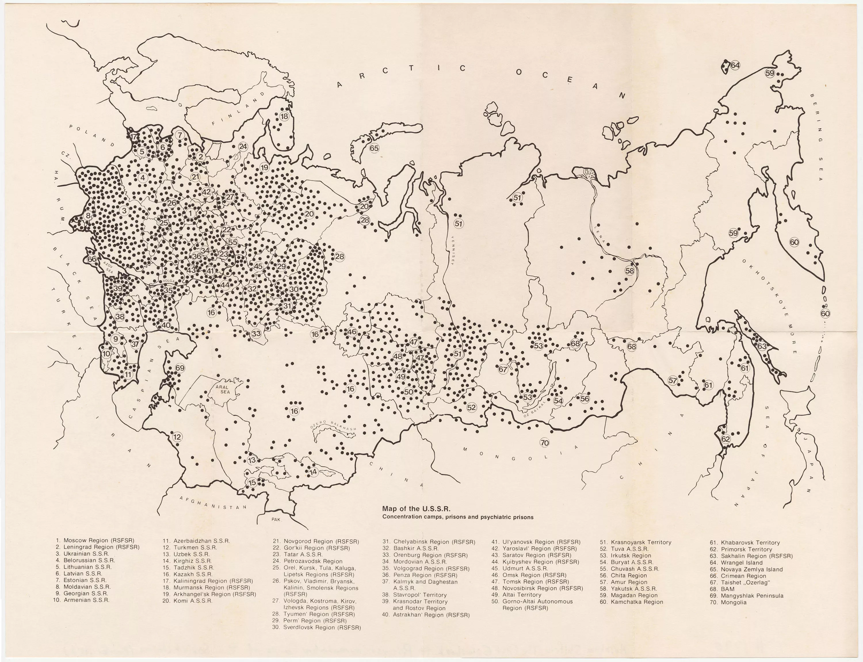 Карта лагерей и тюрем Советского Союза в 1982 году.
