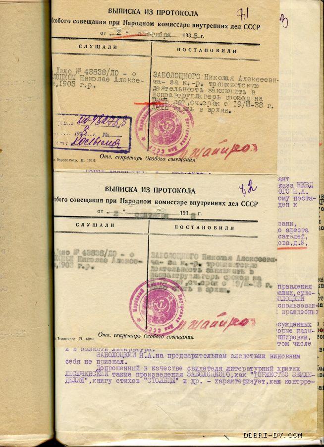 Выписка из протокола о приговоре Н.А. Заболоцкому. 1938 год. Заболоцкий, Николай Алексеевич