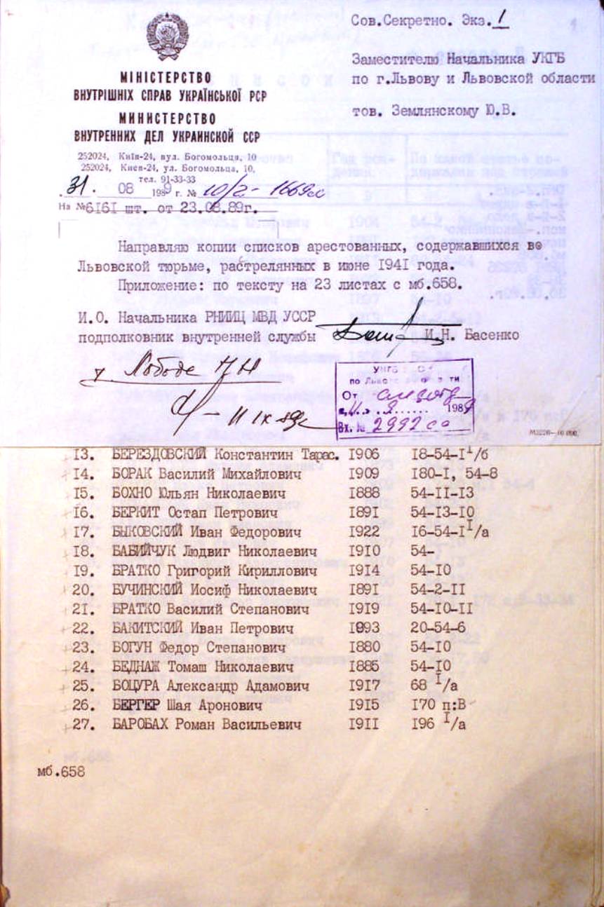 Расстрельный список заключенных в тюрьмах г. Львова, расстрелянных в связи  с началом военных действий.
