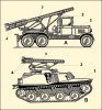 Первые в СССР (1941) установки реактивной артиллерии БМ-13-16 (вверху) и БМ-8-24, боеприпасы для которых разрабатывал Г. Э. Лангемак